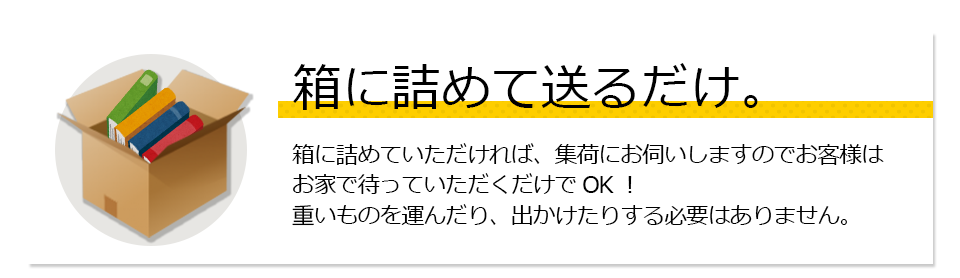 箱に詰めて送るだけ。箱に詰めていただければ、集荷にお伺いしますのでお客様はお家で待っていただくだけでOK!重いものを運んだり、出かけたりする必要はありません。